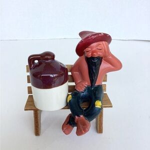 Vintage Salt Peppers Shaker Set Hillbilly Jug Bench Brown Blue Collectible